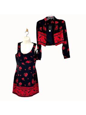 MEZMERIZE GOLD USA BLACK & RED ROSE PRINT SLEEVELESS DRESS W/ CROPPED JACKET - S